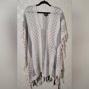 Angie Black Ivory Beach Cover Up Square Neck Fringe Hem Poncho Style One Size